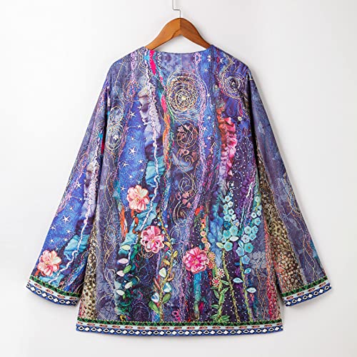 Abrigo de mujer,Henniu Cardigã feminino vintage estampado manga longa bolso solto jaqueta casual cas