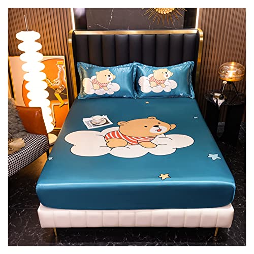 Sabanas Seda Ropa de cama de satén for cama individual Sábana ajustable de dibujos animados for niños Cubierta de colchón de verano con refrigeración por hielo 180(Xiongbaobao,King 180x200x30cm)