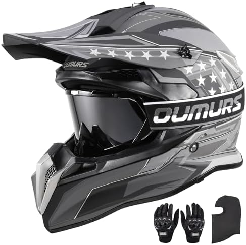 OUMURS DOT Adult Dirt Bike Helmet with Goggles Gloves & Mask Adjustable Sun Visor Motorcycle Adult ATV Helmet Off-Road Motocross Downhill Moped MX BMX for Unisex Adult-188-Black Star, M
