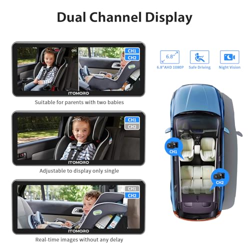 Itomoro Baby Car Camera Dual-Channel 6.8 inch HD 1080P Car Baby Camera Display with 2 IR Night Vision Camera, Easily Install Car Camera for Baby with Crystal Clear Wide View for Rear Facing Seat