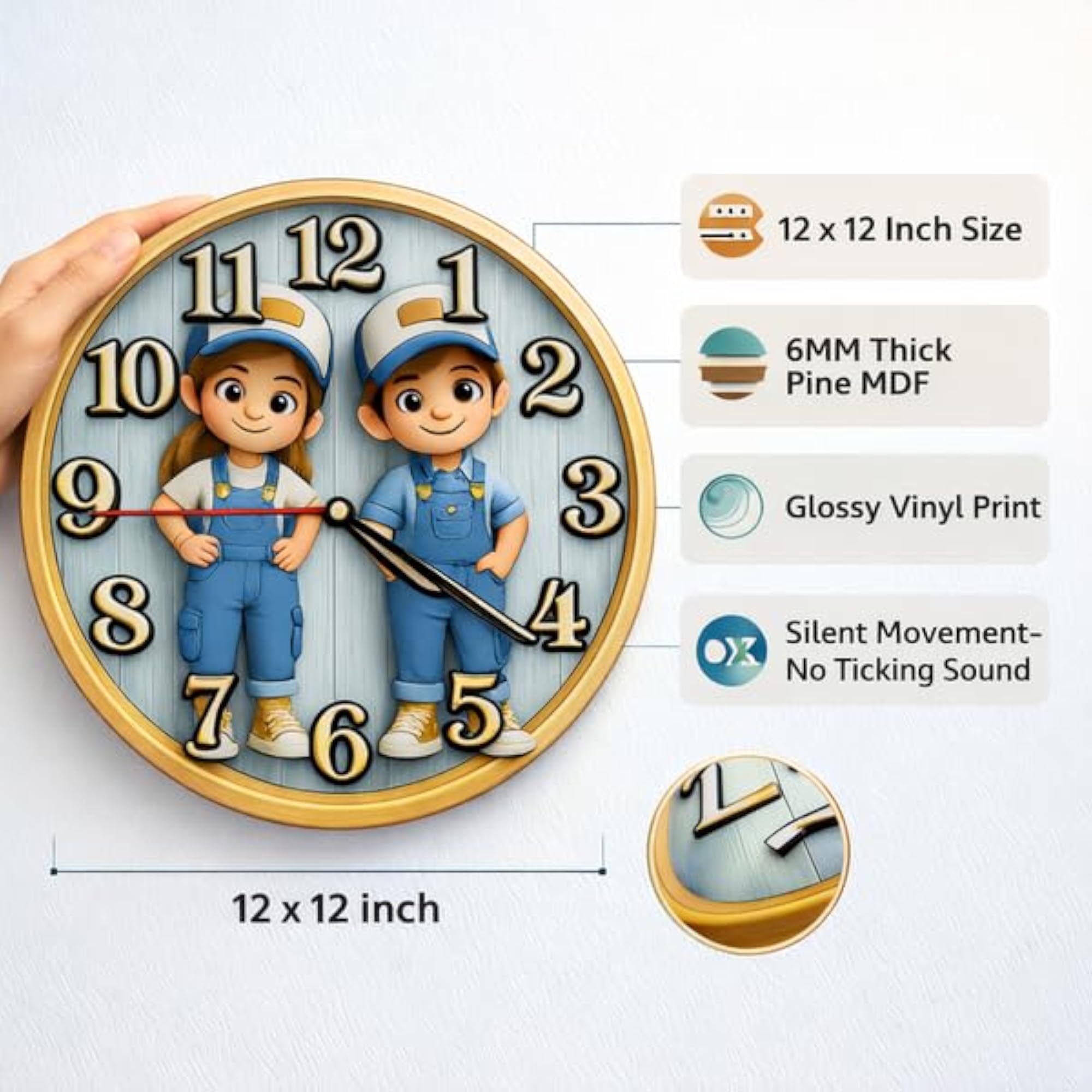 Kids Wall Clock 12x12 Inch, Cartoon Design