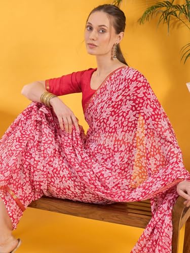 Image of SIRIL Women's Printed Chiffon Saree with Unstitched Blouse Piece