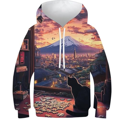 Pull enfant motif chat et Mont Fuji - Le cadeau idéal pour garçon et fille de 9 à 11 ans