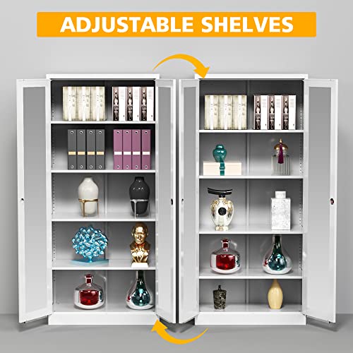 Lissimo Tall Bookcase Storage Cabinet With Tempered Glass Door,Metal Glass Display Cabinet With 4 Adjustable Shelves,5-Tier Curio Cabinet For Home, Study, Living Room And Office (White) #TOP5