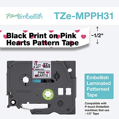 Image of Brother P-Touch Embellish Black Print on Pink Hearts Patterned Tape TZEMPPH31 - ~ inch Wide x 13.1' Long for use with P-Touch Embellish Ribbon & Tape Printer