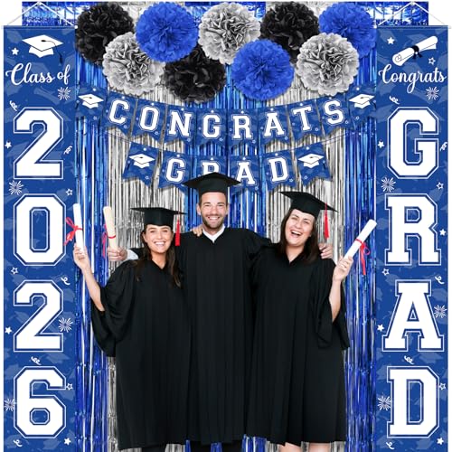 Image of Graduation Party Decorations Class of 2026, Graduation Decorations with Congrats Grad Banner Fringe Foil Curtain Paper Flower Ball Balloons for High School College Grad Party Supplies, Blue