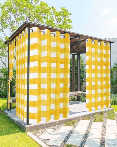Waterproof Outdoor Curtains for Patio Porch, Retro Yellow Gingham Check Grommet Curtain Panel Windproof Outside Curtains Tieback, Abstract Watercolor Plaid Weighted Window Treatment Drapes