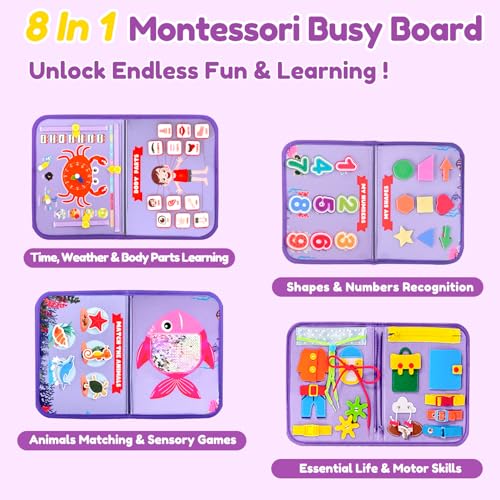 Image of Qizfun Montessori Busy Board Book for Toddlers, Mermaid Sensory Learning Toy for Girls, Educational Fine Motor Skills Toy, Travel Busy Board for Car & Airplane