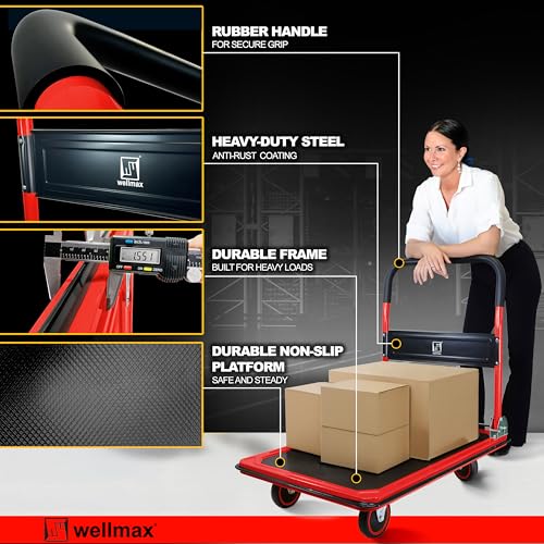 Push Cart Dolly by Wellmax, Moving Platform Hand Truck, Foldable for Easy Storage and 360 Degree Swivel Wheels with 660lb Weight Capacity, Red Color - Thumbnail 4