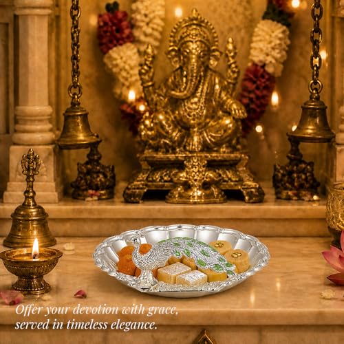 Image of Diviniti German Silver Peacock Decorative Bowl with Green Enamel Design for Home Decor | Luxury Silver Plated Dry Fruit & Sweet Serving Tray with Gift Box for Festive Dining & Gifting