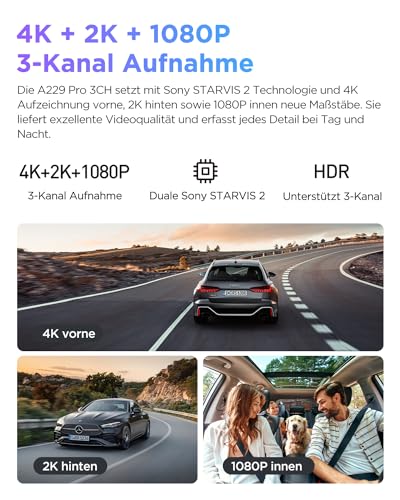 VIOFO A229 Pro 3 Lens 4K + 2K + 1080P, Dual STARVIS 2, HDR vorne hinten innen Dashcam Auto...