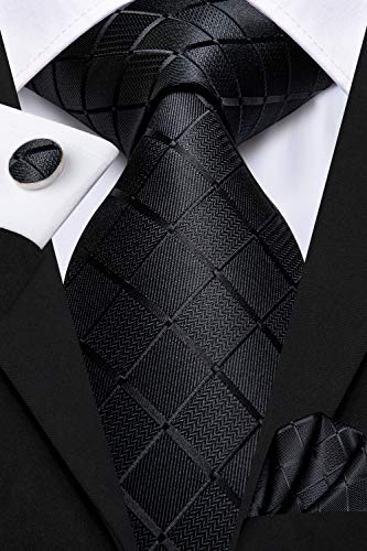 Image of Hi-Tie Father and Son Tie Set Striped Plaid Ties for Men and Boys Silk Necktie Pocket Square Set for Wedding Gifts