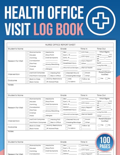 Health Office Visit Log Book: School Nurse Visit Report Sheets | Health Office Visit Forms | Student Health Visit Sheet