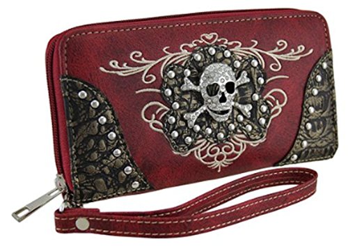 Embroidered Rhinestone Studded Skull Wallet Red