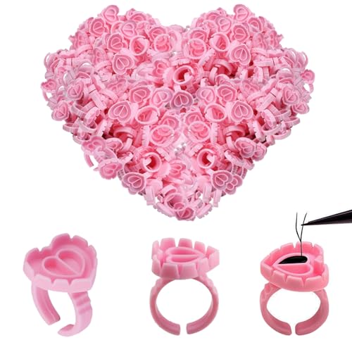 LEAYOKA 300pcs Lash Glue Rings for Eyelash Extensions - Pink Heart-Shaped Lash Glue Rings Glue Holder Cups for Volume Lashes Reusable Beauty Tool with Adjustable Finger Ring