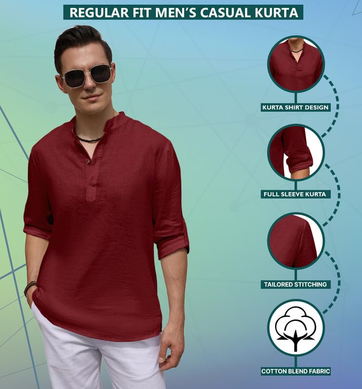 Image of ROYALSCOUT Men's Cotton Blend Casual Short Kurta Shirt with Notch Neck and Button Detail | Full Sleeve Straight Fit Lightweight Ethnic Top for Summer