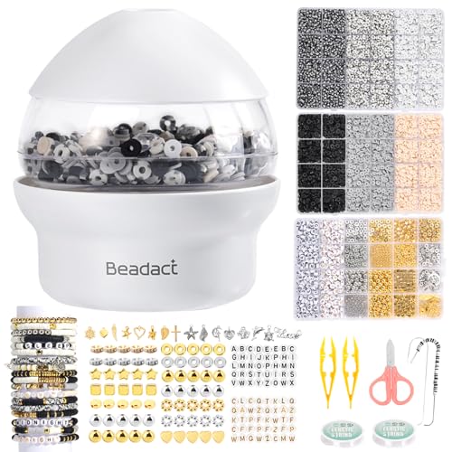 Image of Beadact Bead Spinner for Bracelet Making Kit, 3 Boxes Black White & Gold Clay Beads with Bead Spinner, Friendship Bracelet Making Kit for DIY Crafts with Spacer Beads and Charms,Gift for Bead Lovers
