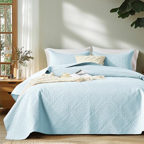 FLYMME Quilt King Size,Lightweight Sky Blue Bedspreads,Vintage Olive Leaf Pattern,Ultra