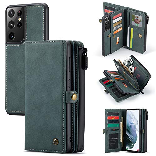 Galaxy S21 Ultra ケース 財布 手帳型 レザー サムスン Galaxy S21 Ultra 携帯カバー ケース手帳がた 高級レザー 小銭入れ付き コインケース 大容量 財布型 カードケース カード入れ 15枚収納 長財布 耐衝撃カバー 電話ケース スマホカバー ギャラクシー S21 Ultra 対応 グリーン