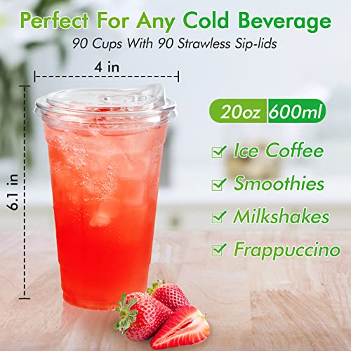 [90 PACK] 20 oz Clear Plastic Cups With Strawless Sip Lids, Disposable Plastic Cups With Sip Through Lids for Ice Coffee, Smoothie, Slurpee, or Any Cold Drinks - Thumbnail 2