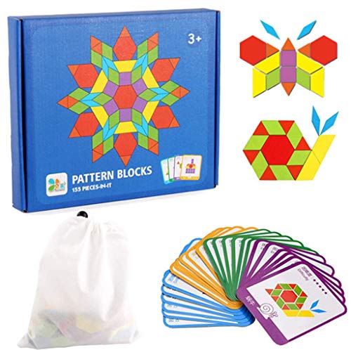 Preisvergleich Produktbild Holzmuster Geometrie Blöcke Kreative Puzzle Spiele Puzzle Spielzeug Geschenk für Kinder Bildung (155 Stück) (Mehrfarbig, 24.5 * 21.3 * 4cm)