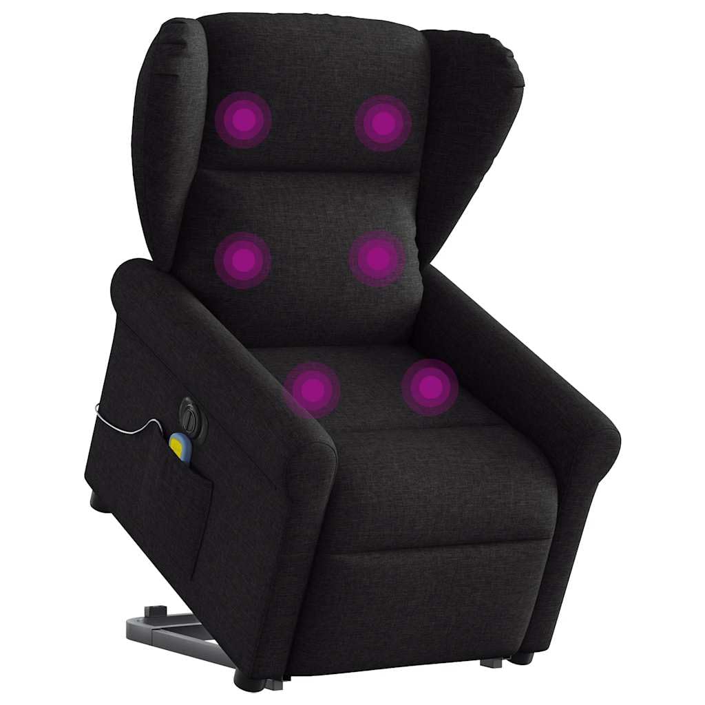 Sillón elevador eléctrico eléctrico negro de tela con 6 puntos de masaje, función de reclinación eléctrica y elevación asistida para un asiento cómodo y relajante,