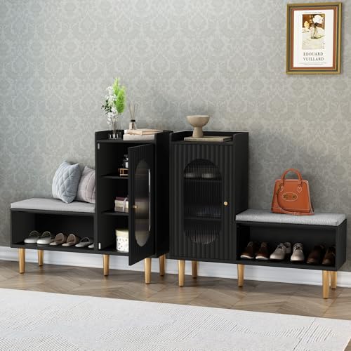 Image of HLR Storage Bench Set of 2, Black Modern Entryway Shoe Cabinet Bench with Glass Door&Shelf, L-Shaped Storage Cabinet with Padded Seat for Hallway, Bedroom, Living Room, Office