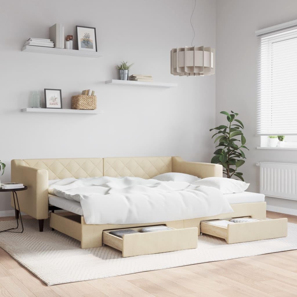 vidaXL Sofa rozsuwana z szufladami, kremowa, 90x200 cm, tkanina