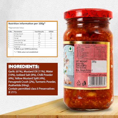Image of Chokhi Dhani Garlic Pickle (Pack of 2, 200g Each) | Lahsun Achar | Spicy Indian Pickle with Whole Garlic Cloves | Traditional Homemade Style | Lassan ka Achar