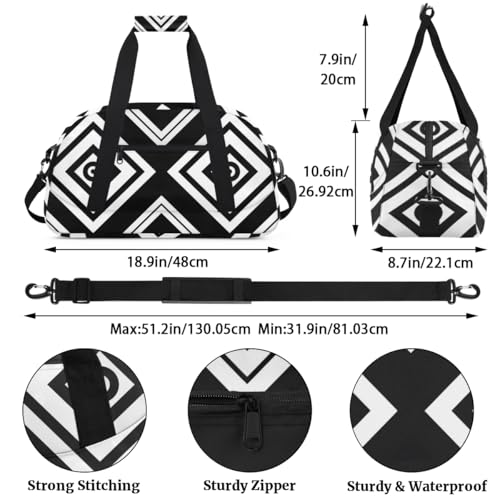 Diamond Square Black White Stripe Personalized Duffel Bag Weekend Overnight Travel Bag Sports Waterproof Gym Bag Lightweight Dance Bag3