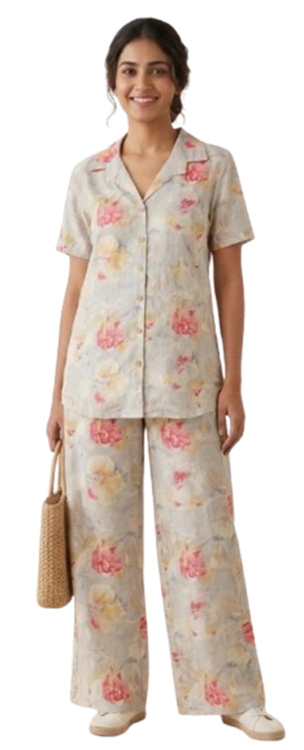 Women's Floral Printed Co-Ord Set, Cotton Linen Blend, Short Sleeve Shirt & Wide Leg Pant, Relaxed Fit, Multicolour-picture-38
