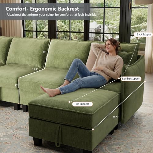 Image of Ihanherry 112 inch Modular Sectional Sofa U Shape Couches with Storage Ottoman, Comfy Chenille Convertible 6-Seat Furniture Set for Living Room, Green