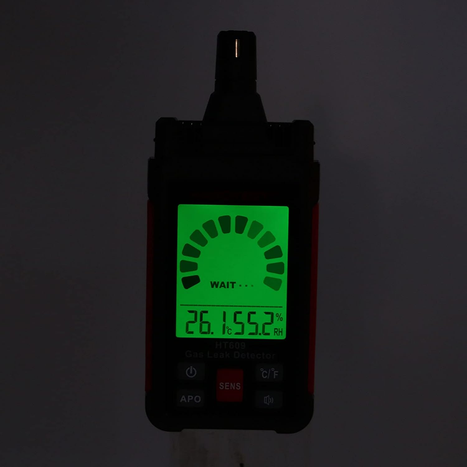HT609 Gas Leak Detector display showing 'WAIT...' during warm-up.
