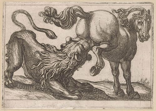 Toile un cheval donnant un coup de pied à un lion d'Antonio Tempesta 60x90cm