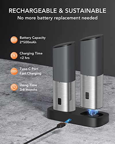 [Upgraded Design]Gravity Electric Salt And Pepper Grinder Set, 𝐔𝐩𝐠𝐫𝐚𝐝𝐞𝐝 Large Capacity, Usb Rechargeable Automatic One Hand Operated, Adjustable Coarseness, Led Light, Stain Steel Grey #TOP2