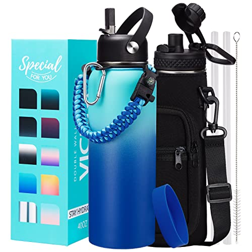 Metal Water Bottle 40oz - Stainless Steel Water Bottles with Straw Spout Lid, Sleeve Carry Strap, Vacuum Insulated, Leak Proof, BPA Free Water Jug, Modern Reusable Waterbottle Gym Biking Camping