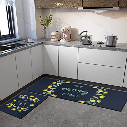 Xsinufn Lemon Kitchen Rugs Set 2 Piece Colorful Spring/Summer Lemon Floral Leaves Decorative Rugs For Kitchen Low-Profile Floor Mats Decorations For Home Kitchen (17"X48"+17"X30" Navy Blue Rugs) #TOP1