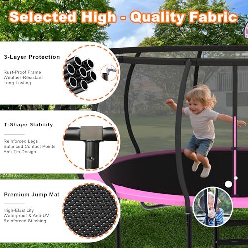 DeepRoar Tranpoline 8/10/12/14/15/16FT Pumpkin Tranpoline for Kids, Heavy Duty Outdoor Tranpolines with Basketball Hoop, Safety Enclosure Net, Light, Sprinkler, Socks, ASTM Approved