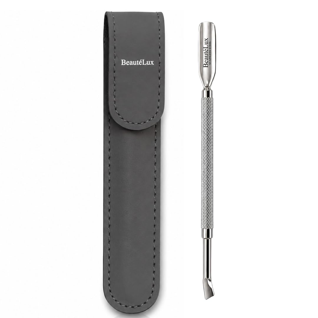 Cuticle Pusher & Nail Cleaner, Professional Stainless Steel Dual-Ended Cuticle Remover Tool with Non-Slip Grip, Manicure & Pedicure Nail Cleaning Tool Includes Premium Leather Travel Pouch