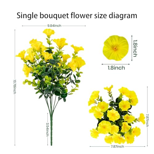 Artificial Flowers for Outdoors16 Bundles of UV-Resistant Silk Morning Glory with Eucalyptus-Realistic Faux Plants as Perfect Filler for Home Planter Porch & Garden Decor (Yellow) image 1