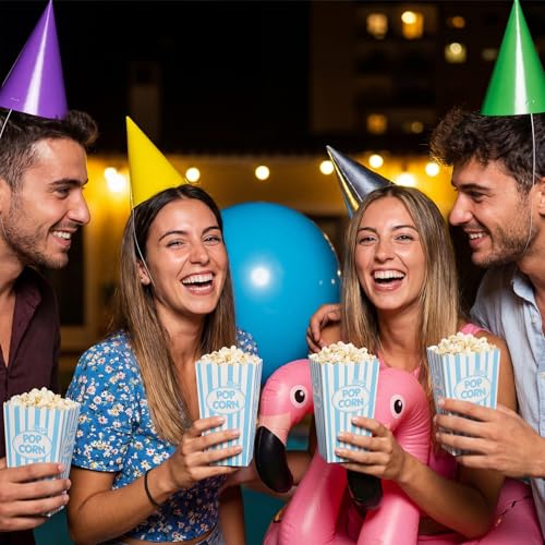 Image of Xinnun 100 Pcs Popcorn Boxes 32 oz Classic Stripe Paper Popcorn Buckets Bulk Disposable Oil Proof Container Vintage Retro Open Top Holders for Movie Night Supply Theater Carnival Party(Blue)