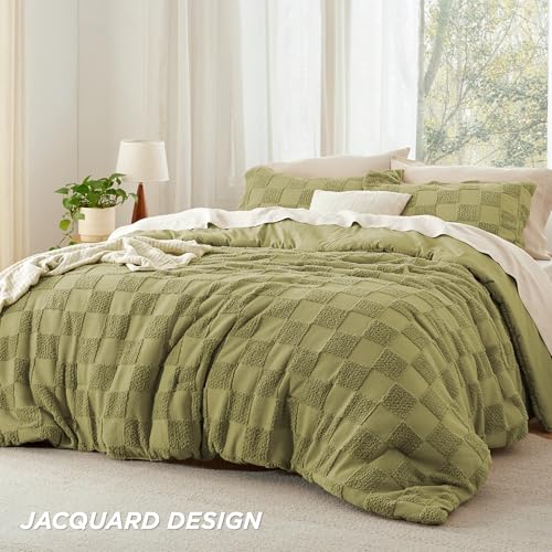 Image of Bedsure Queen Size Comforter Set Olive Green, Boho Tufted Bed Set, Checkered Farmhouse-Style Distressed Vintage Bedding, 3 Pieces, 1 Plaid Geometric Comforter and 2 Pillow Shams