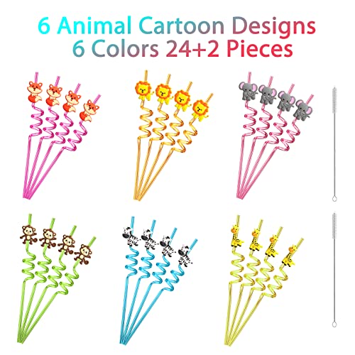 24 Reusable Jungle Animal Plastic Straws For Lion Fox Zebra Giraffe Safari Birthday Party Supplies Favors,Woodland Party Gift Favors With 2 Cleaning Brushes #TOP5
