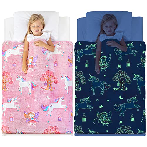 Image of Glow in The Dark Unicorn Blanket for Girls - Soft Pink Fleece Throw. Great Christmas, Birthday, Baby, Toddler Unicorn Gifts for Girls, Fairy, Butterfly, Stars. Bright Long-Last Glow