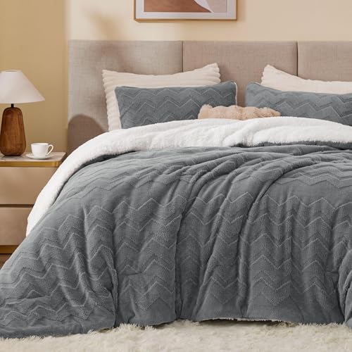Image of BEDELITE Fluffy Sherpa California King Comforter Set,Grey | Super Soft & Warm Fleece Bedding, Luxury Fuzzy Comforter for Winter, Heavy Plush Bedding Set,2 Pillowcases