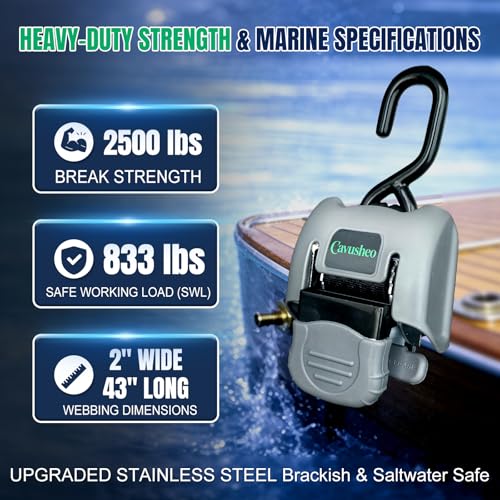 2Pack Retractable Boat Transom Tie Down Straps 2" x 43" 2500 lbs Strength | Heavy Duty Trailer Ratchet Straps,Corrosion Resistant for Saltwater,Marine Use - Image 2