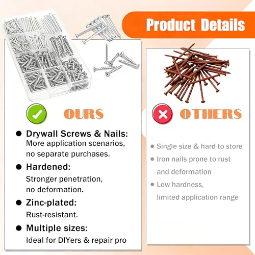 Image of Dianrui Nails & Wood Screws Assortment Kit, 320 PCS #6#8 Philips Drywall Screws Set and High Hardness Hardware Small Nails for Picture Hanging /DIY Repair Project Length 1 /2 inch to 2 inch