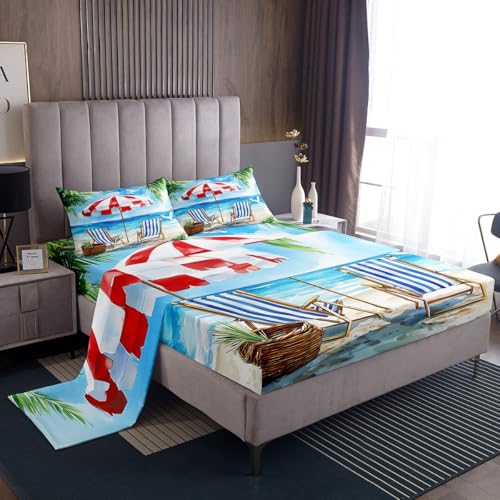 jejeloiu Beach Fitted Sheet Full Size Kids Summer Ocean Bedding Set for Boys Girls Teens Baby Blue Bed Sheets Set Breathable Soft Lightweight