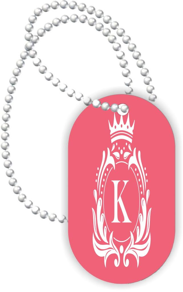 Island Gifting - Letter K Monogram - Fancy Crown on Rose Pink Design - Aluminum Dog Tag Necklace Pendant with Ball Chain