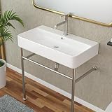 Lordear 32 Inch Console Sink With Metal Legs White Ceramic Bathroom Vanity Pedestal Wall Mounted Bathroom Sinks With Tower Bar Rectangular Lavatory Sink Basin